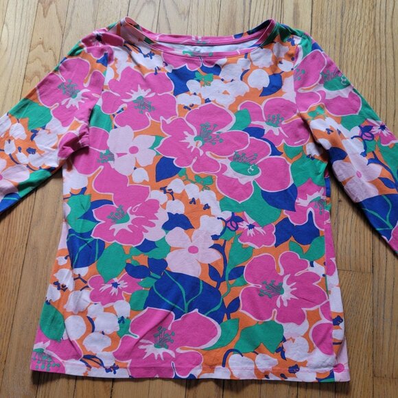 Talbots Womens Floral Print Top L 3/4 Sleeve Cotton/Spandex Multicolor - Picture 4 of 5